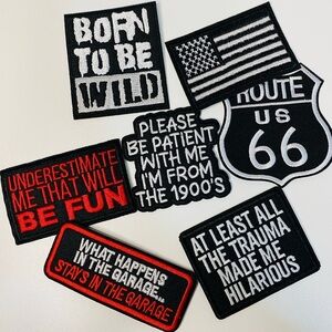 Lot of 7 funny embroidered iron on patches, flag, gift for men, DIY project